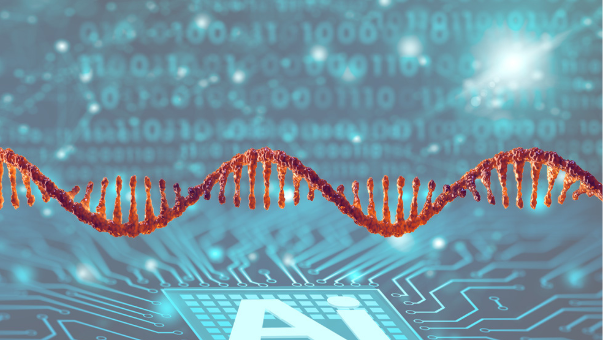 AI-inspired illustration showing mRNA strands and digital data processing