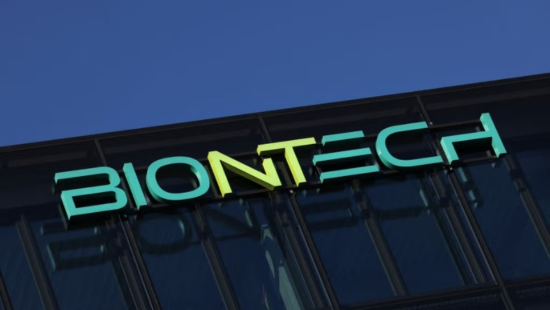 BioNTech company logo displayed on the exterior of a modern office building