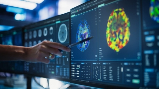 Medical professional points at detailed brain imaging scans on a digital diagnostic display